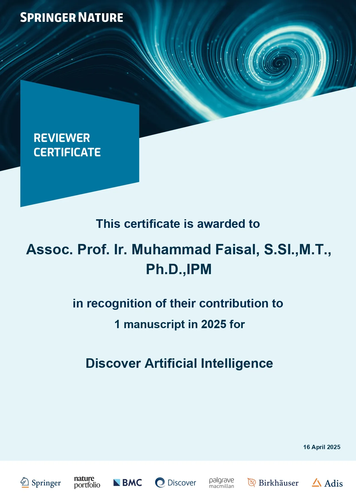 Dosen Program Studi Informatika Fakultas Teknik Unismuh Makassar Diakui Sebagai Reviewer Internasional oleh Springer Nature.